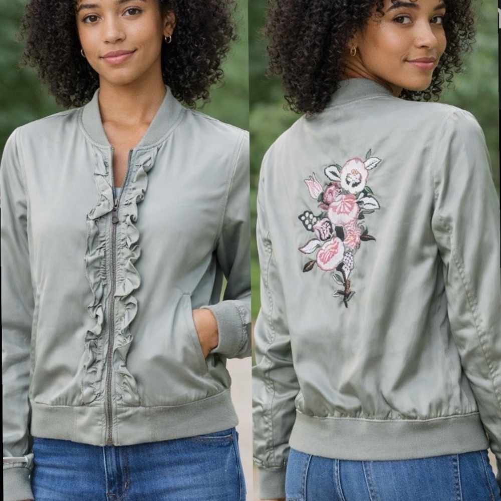 Candies Tan Ruffled Floral Embroidered Cropped Bomber Jacket Size‎ M